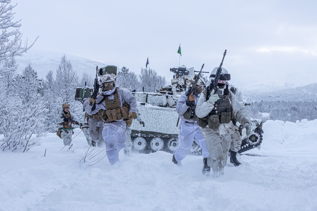 U.S. Marines, alongside NATO allies and partners, strategically advance, securing cover and providing fire support during a breaching and clearing mission in preparation for Nordic Response 24 in Setermoen, Norway, on Feb. 7, 2024.