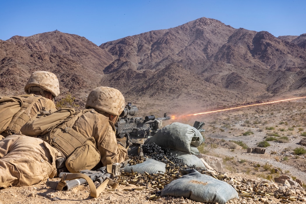 U.S. Marines with 2nd Battalion, 24th Marine Regiment, 4th Marine Division, Marine Forces Reserve, provide suppressive fire atop machine gun hill while executing Range 400 during Integrated Training Exercise 4-24, Marine Corps Air Ground Combat Center, Twentynine Palms, California, June 18, 2024. Range 400 is used to train rifle companies in the techniques and procedures for attacking fortified areas. ITX is the culmination of Marine Forces Reserve’s training cycle as they participate in a live-fire, combined arms exercise as a part of Marine Air-Ground Task Force operating over vast distances. (U.S. Marine Corps photo by Sgt. Ethan M. LeBlanc)