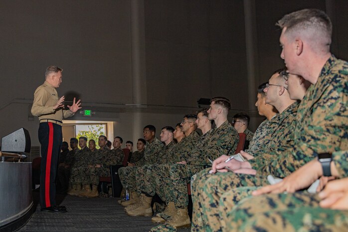The Commanding General of Marine Corps Recruiting Command, Maj. Gen. William Bowers, speaks to the students and instructors of Marine Corps Recruiters School during a visit to Marine Corps Recruit Depot San Diego, California, Jan. 14, 2025. Bowers emphasized the Marine Corps’ commitment to excellence, recruiting only the smartest, strongest, and most driven individuals. The Marine Corps has served the Nation honorably for 250 years. Marines embody the uncompromising standards and characteristics of honor, courage and commitment. (U.S. Marine Corps photo by Lance Cpl. Janell B. Alvarez)