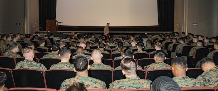 The Commanding General of Marine Corps Recruiting Command, Maj. Gen. William Bowers, speaks to the students and instructors of Marine Corps Recruiters School during a visit to Marine Corps Recruit Depot San Diego, California, Jan. 14, 2025. Bowers emphasized the Marine Corps’ commitment to excellence, recruiting only the smartest, strongest, and most driven individuals. The Marine Corps has served the Nation honorably for 250 years. Marines embody the uncompromising standards and characteristics of honor, courage and commitment. (U.S. Marine Corps photo by Lance Cpl. Janell B. Alvarez)
