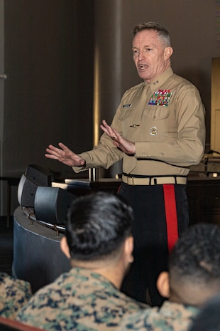 The Commanding General of Marine Corps Recruiting Command, Maj. Gen. William Bowers, speaks to the students and instructors of Marine Corps Recruiters School during a visit to Marine Corps Recruit Depot San Diego, California, Jan. 14, 2025. Bowers emphasized the Marine Corps’ commitment to excellence, recruiting only the smartest, strongest, and most driven individuals. The Marine Corps has served the Nation honorably for 250 years. Marines embody the uncompromising standards and characteristics of honor, courage and commitment. (U.S. Marine Corps photo by Lance Cpl. Janell B. Alvarez)