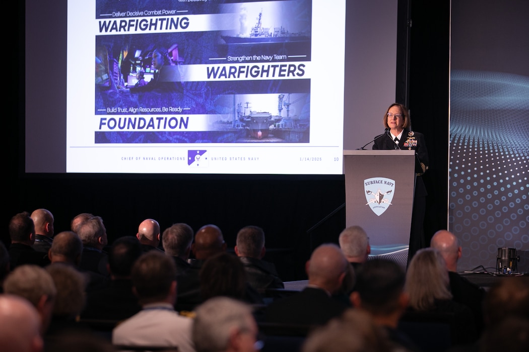 CNO Adm. Lisa Franchetti delivers remarks at the 37th Surface Navy Association National Symposium in Arlington, Virginia, Jan. 14, 2025.