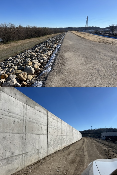 (Top) Roadway on crest of levee structure, (bottom) concrete floodwall