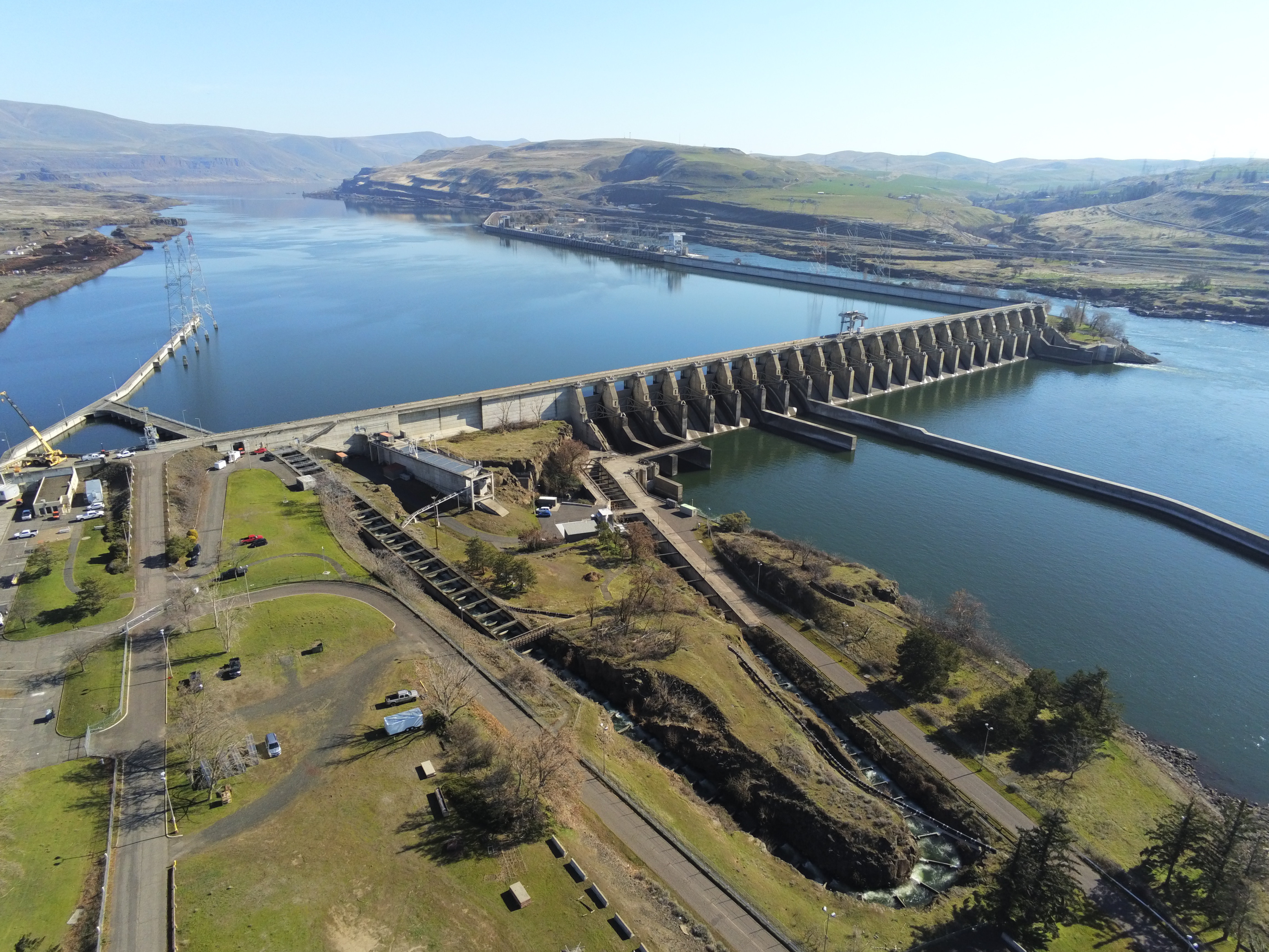 Aerial views of The Dalles Lock and Dam during an annual lock outage on the Columbia River, March 15, 2021.