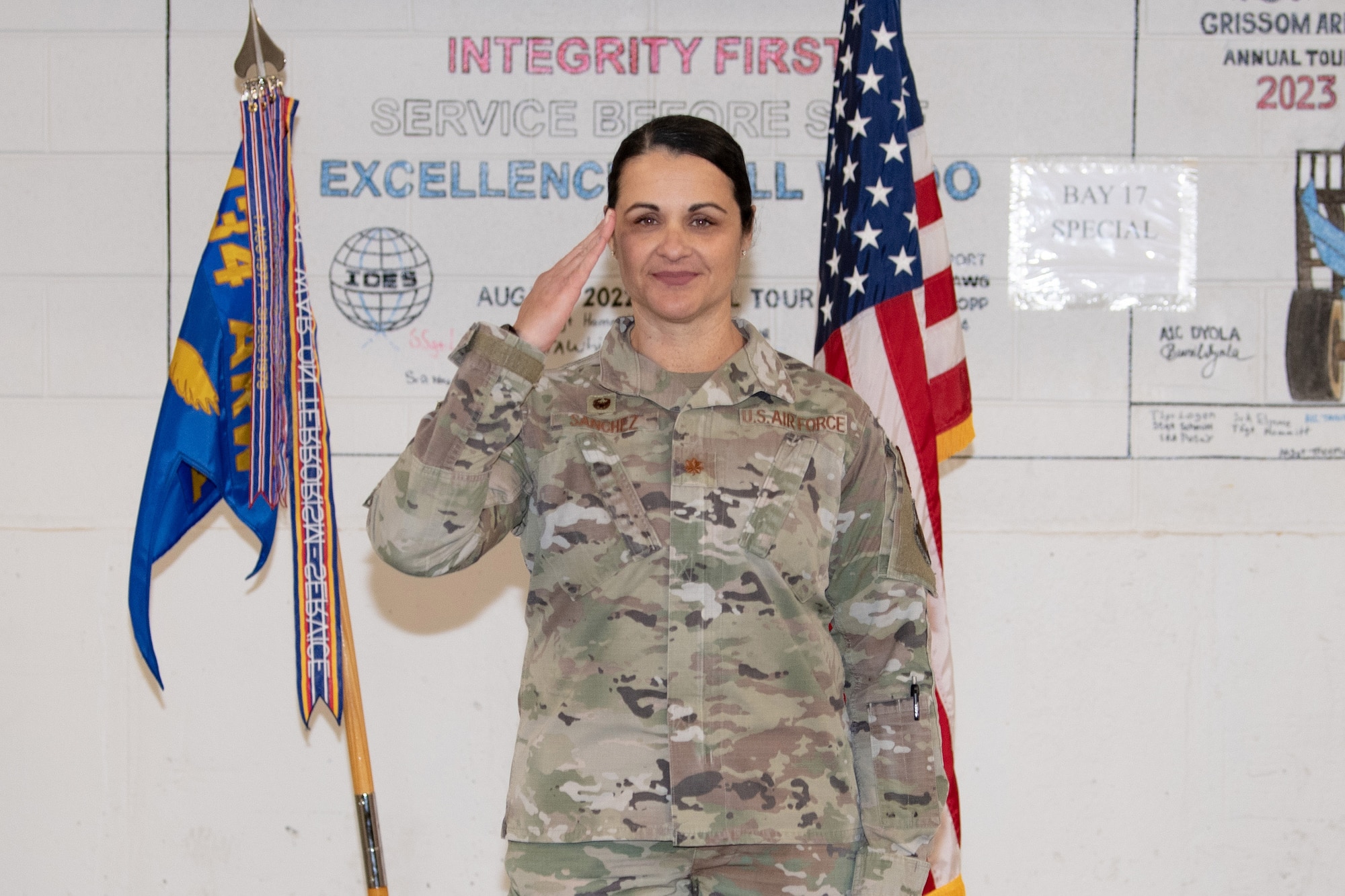 Maj. Yennishan Sanchez, 49th Aerial Port Squadron commander, renders her first salute to the 49th APS