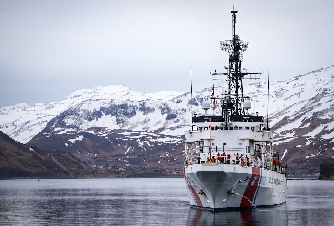 Coast Guard Cutter Alex Haley (WMEC 39) transits inbound Dutch Harbor while on patrol in the Gulf of Alaska. As the only major cutter homeported in Alaska, Alex Haley’s primary missions are search and rescue, international/domestic fisheries enforcement, and homeland defense. (U.S. Coast Guard Photo by Lt. j.g. John Walsh)