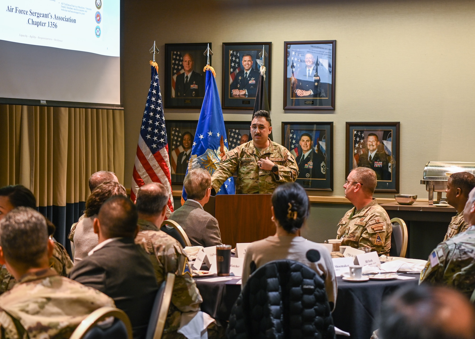 A 30th Medical Group Radiation and Nuclear Safety Operation noncommissioned officer, leads a discussion about the Air Force Sergeants’ Association Chapter 1356 with the honorary commanders during an annual Honorary Commanders Breakfast Vandenberg Space Force Base.