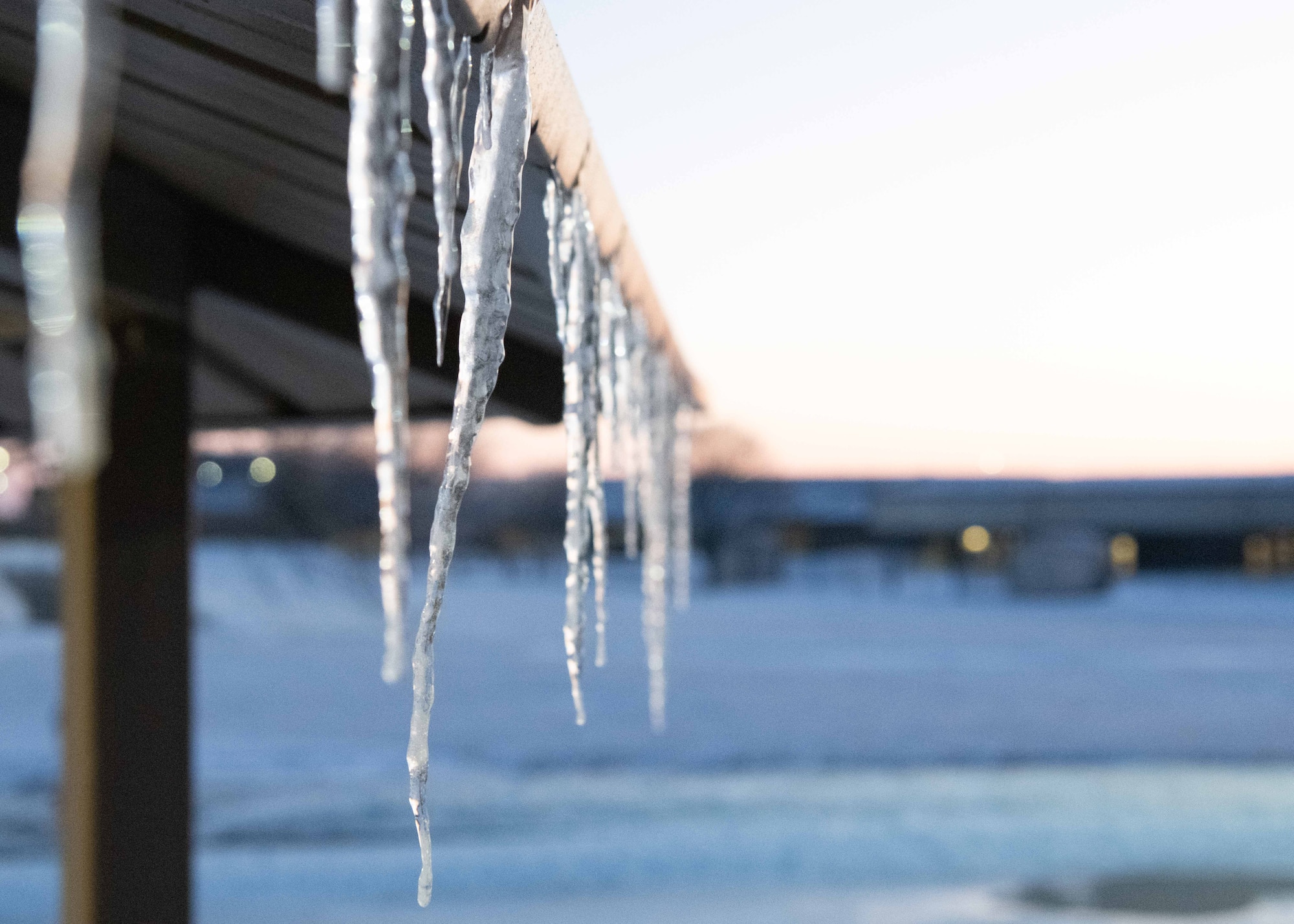 Icicles hang from a gazebo at McConnell Air Force Base, Kansas, Jan. 8, 2025. Over the course of five days, approximately nine inches of snowfall covered the surrounding area of Sedgwick County. (U.S. Air Force photo by Airman 1st Class Patrick O'Neill)