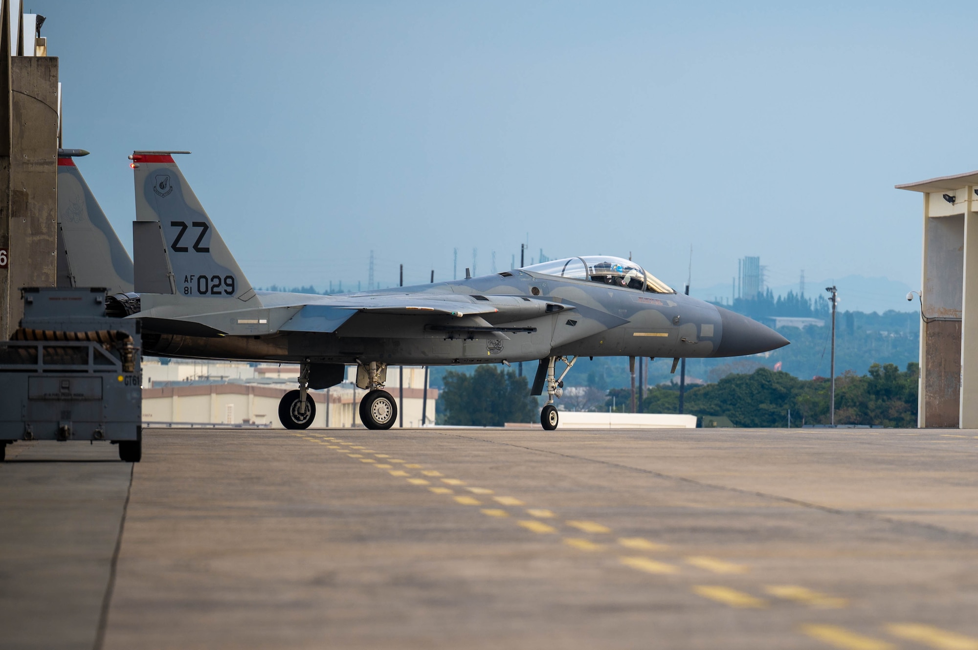 A U.S. Air Force F-15C Eagle taxis before takeoff during a base-wide, routine readiness exercise at Kadena Air Base, Japan, Jan. 15, 2025.