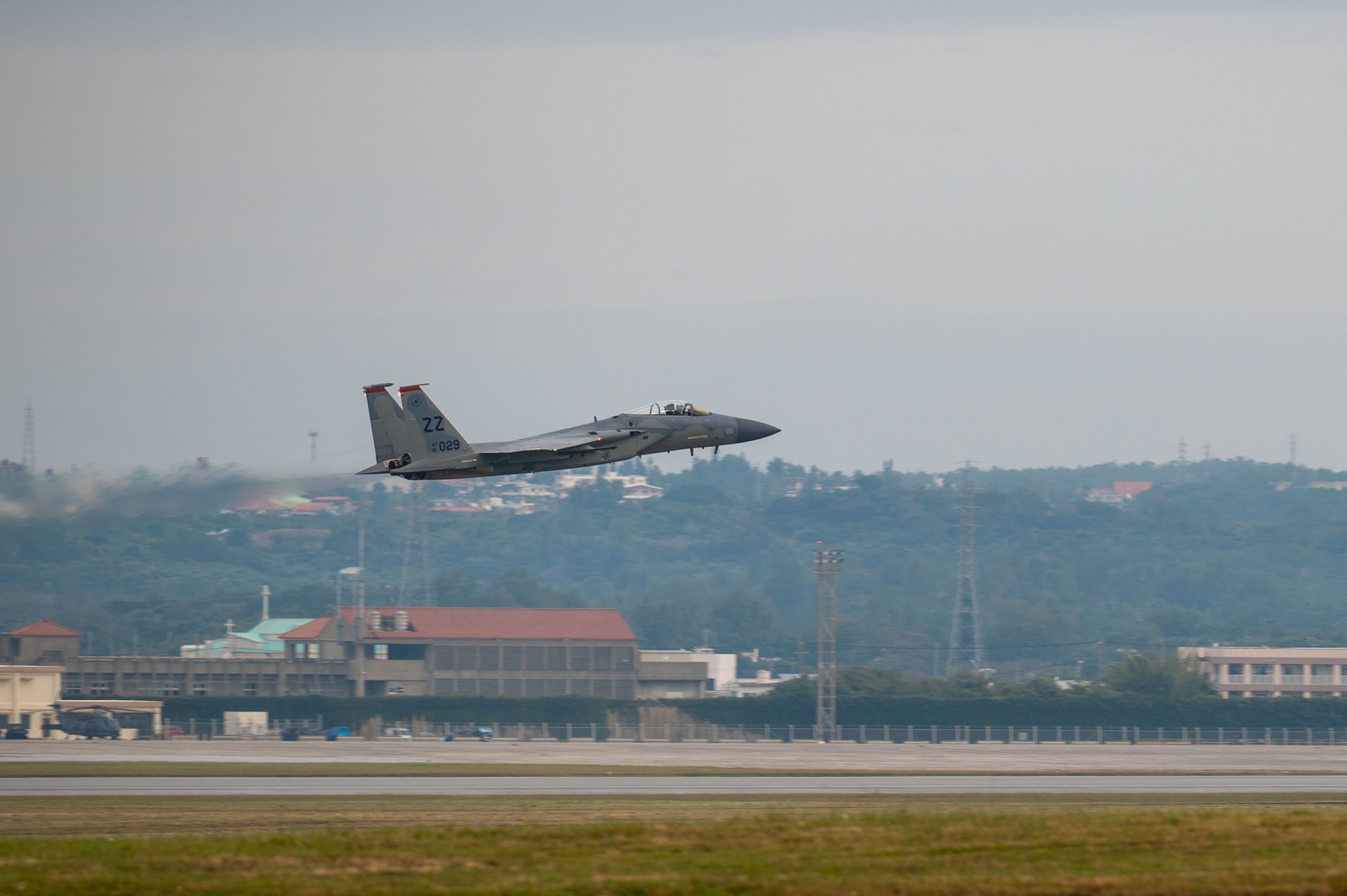 A U.S. Air Force F-15C Eagle takes off during a base-wide, routine readiness exercise at Kadena Air Base, Japan, Jan. 15, 2025.