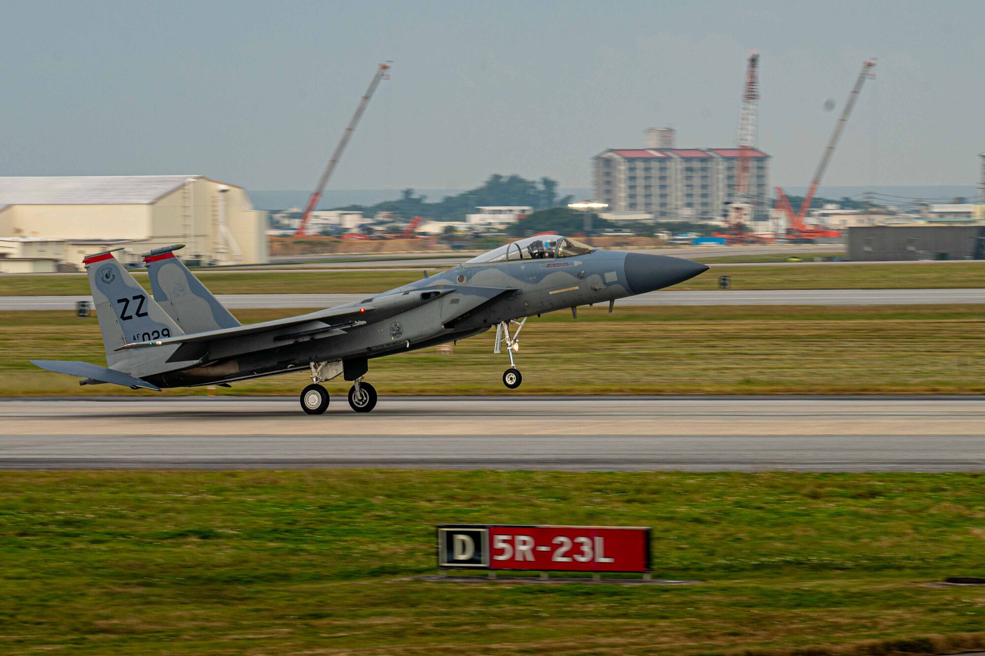 A U.S. Air Force F-15C Eagle lands during a base-wide, routine readiness exercise at Kadena Air Base, Japan, Jan. 15, 2025.