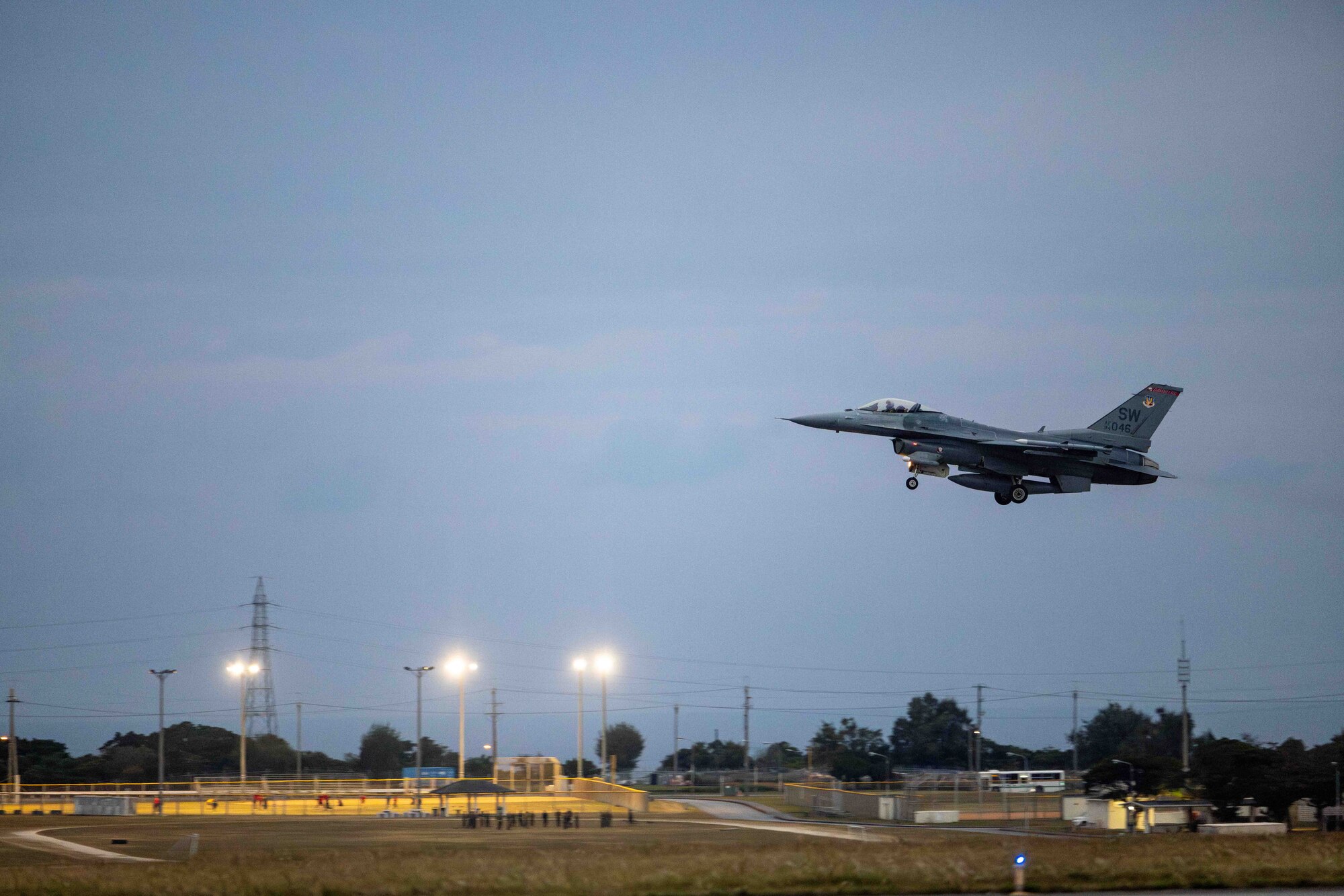 An aircraft takes off.