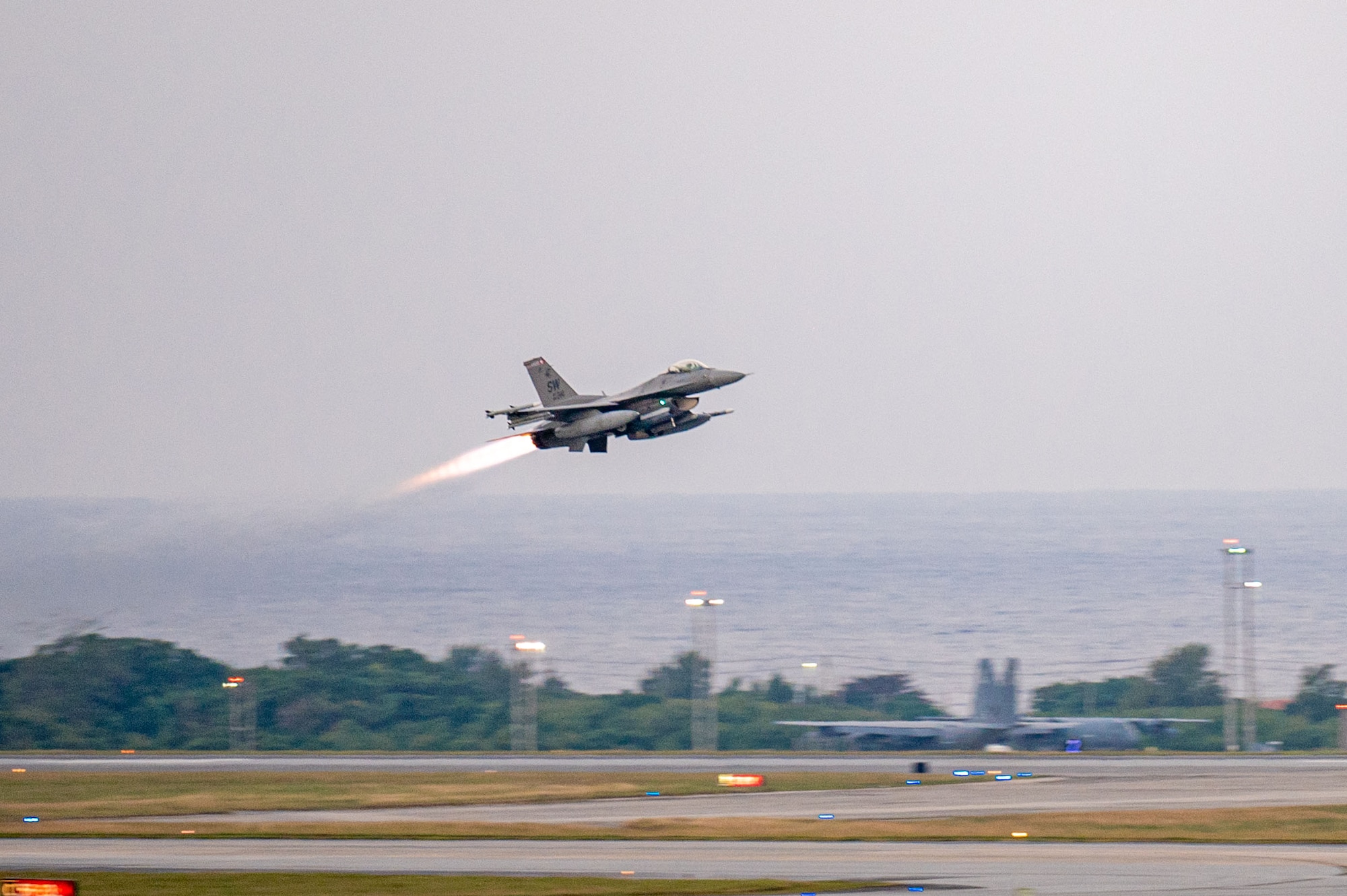 An aircraft takes off.