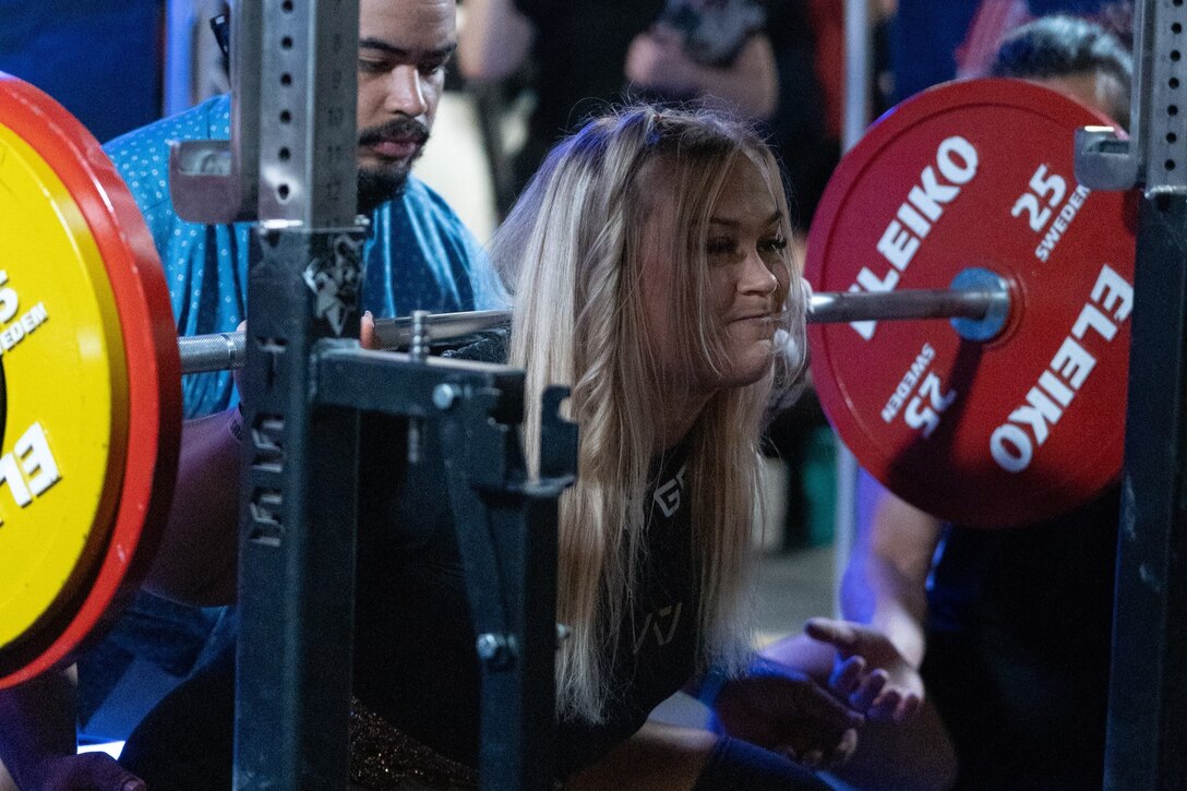 Retired Army Spc. Bryce Ewing at her first powerlifting meet in Atlanta, Georgia, May 2024.