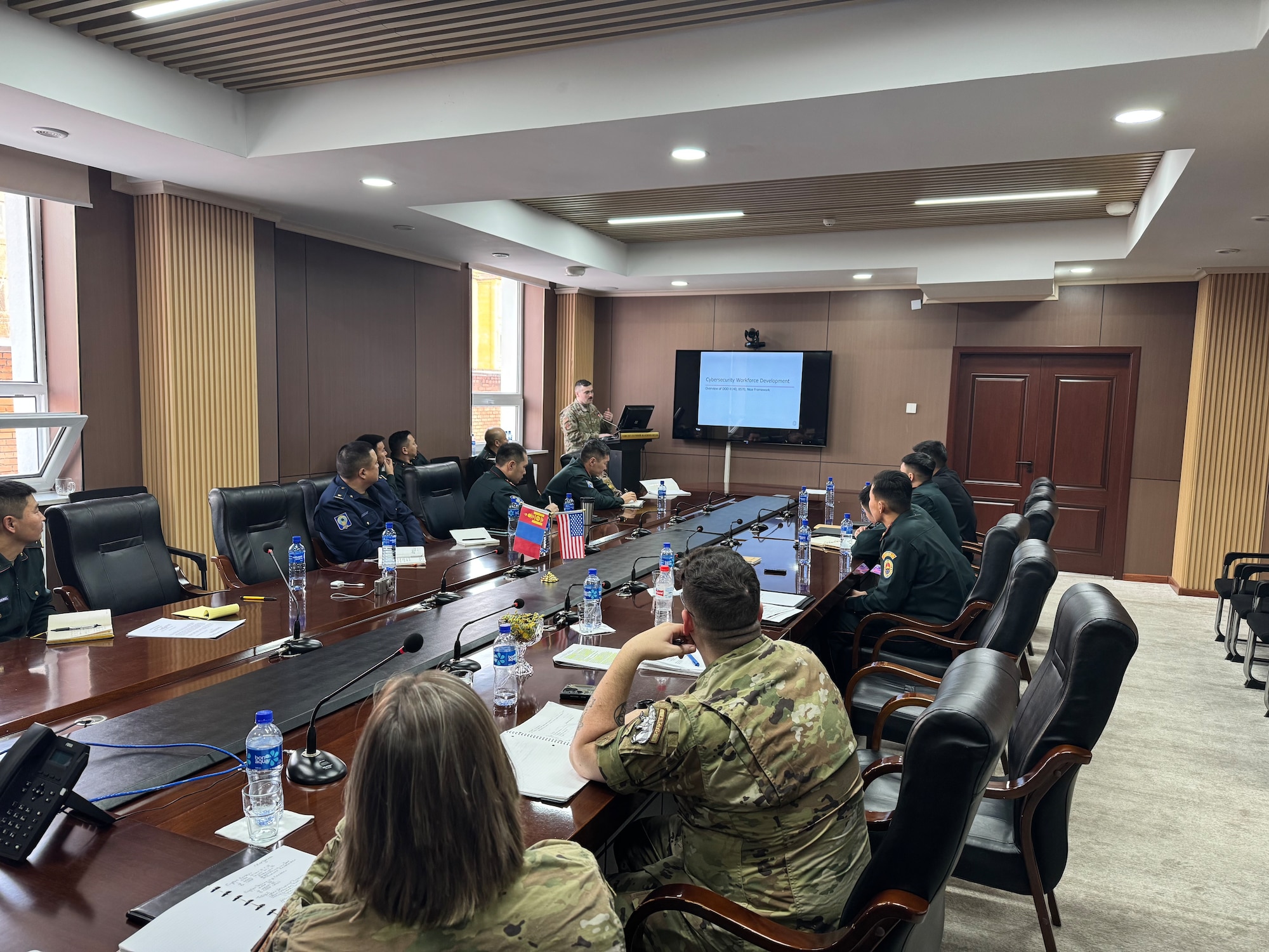Tech Sgt. James Gilchrest of the 168th Wing Communications Flight, develops a targeted training curriculum with Mongolian cyber security counterparts.
