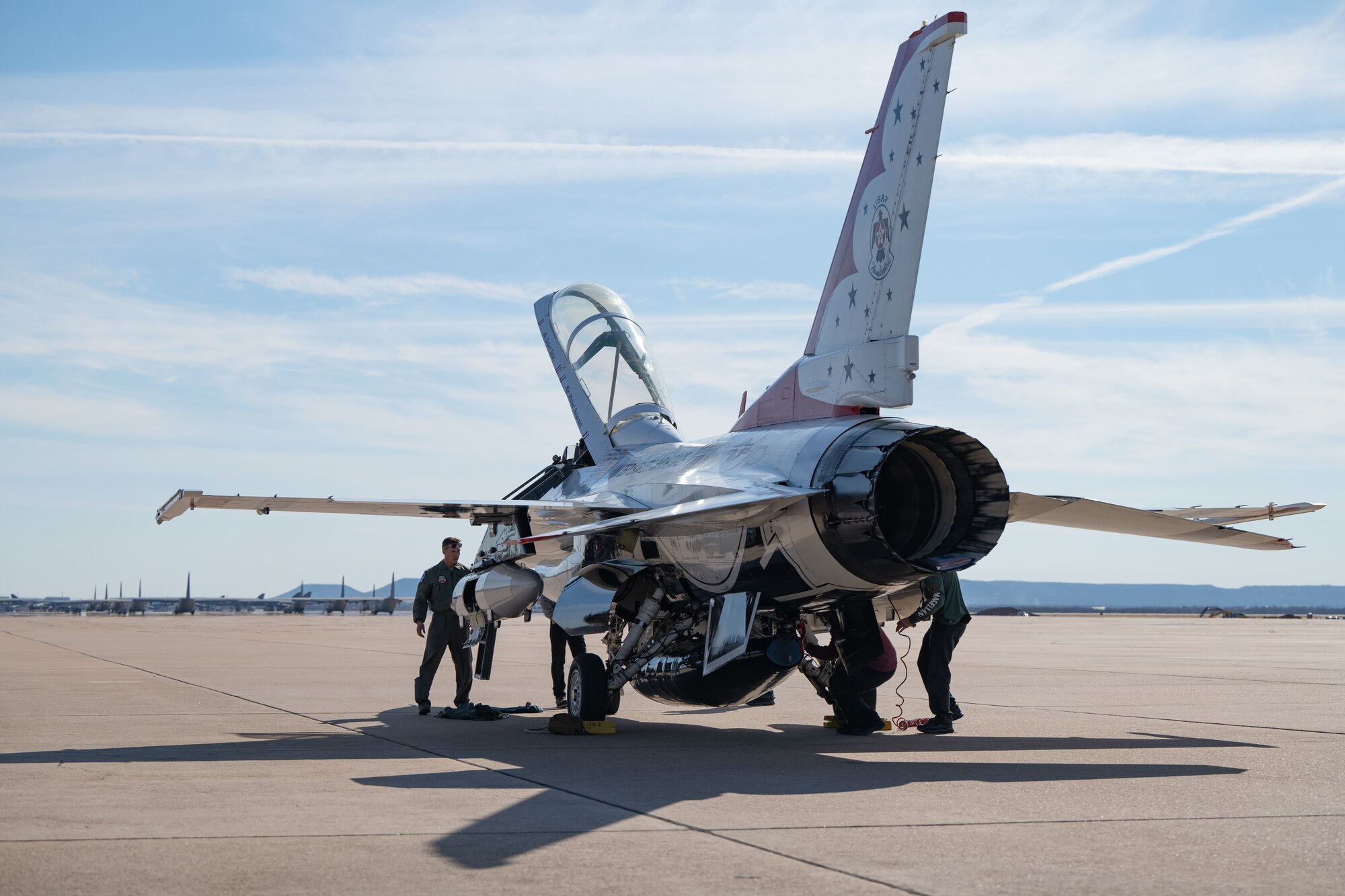 A F-16 Fighting Falcon assigned to the United States Air Force Air Demonstration Squadron "Thunderbirds" sits parked on the flightline after completing a site survey for the upcoming airshow at Dyess Air Force Base, Texas, Jan. 15, 2024. The “Wings Over West Texas” airshow is about showcasing excellence while giving back to the local community. (U.S. Air Force photo by Airman 1st Class Emma Anderson)