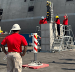 Enlisted technicians from the Navy Munitions Command (NMC) Bahrain Detachment deliver hardware and software upgrades aboard USS Indianapolis (LCS 17), September 2024, while the ship is forward deployed to the U.S. 5th Fleet Area of Responsibility (AoR). The upgrades focus on the Surface-to-Surface Missile Module (SSMM), enhancing both its software and hardware systems. These improvements are designed to strengthen the ship’s defense posture, ensuring its capabilities remain advanced and effective during deployment.