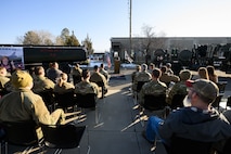 Master Sgt. Dakota Ferris, 75th Logistics Readiness Squadron, speaks during the Fuels Management Flight's building reopening ceremony on Jan. 16, 2025, at Hill Air Force Base, Utah. Originally constructed in the 1950s, the Fuels Management Flight's building underwent a 10-month renovation that eradicated asbestos, and overhauled bathrooms, kitchen HVAC system, fire suppression system, doors and windows. During the construction period, the flight continued 24/7 mission support from an alternate location.