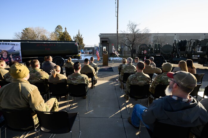 Master Sgt. Dakota Ferris, 75th Logistics Readiness Squadron, speaks during the Fuels Management Flight's building reopening ceremony on Jan. 16, 2025, at Hill Air Force Base, Utah. Originally constructed in the 1950s, the Fuels Management Flight's building underwent a 10-month renovation that eradicated asbestos, and overhauled bathrooms, kitchen HVAC system, fire suppression system, doors and windows. During the construction period, the flight continued 24/7 mission support from an alternate location.