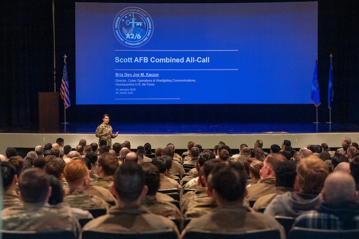 U.S. Air Force Brig. Gen. Joy Kaczor, Cyber Operations and Warfighter Communications director speaks to Airmen in cyber-focused fields at an all-call on Scott Air Force Base, Jan. 16, 2024.