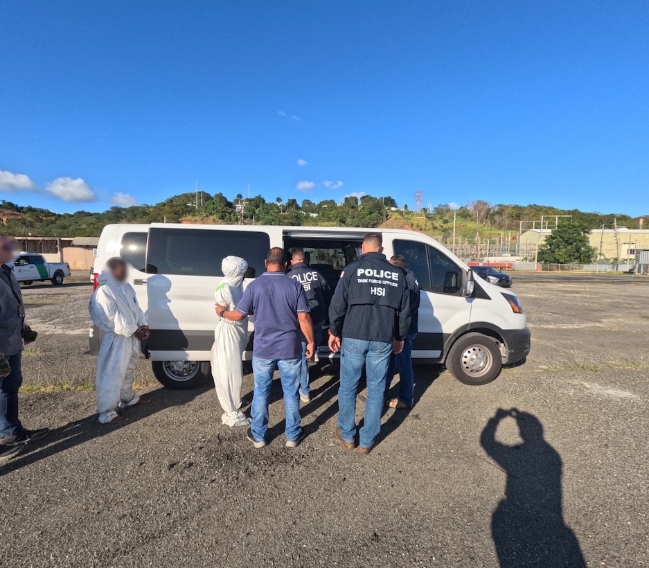 U.S. Border Patrol and Homeland Security Investigations agents in Mayaguez, Puerto Rico, receive custody of four migrants from a Coast Guad boat crew, following the interdiction of an unlawful irregular migration voyage off, Puerto Rico, Jan. 13, 2025. The migrants face possible federal prosecution by the U.S. Attorney’s Office for the District of Puerto Rico on charges of attempt to illegally reenter the United States in violation of Title 8 U.S.C. Section 1326, and failure to heave in violation of Title 18 U.S.C. Section 2237. (U.S. Coast Guard photo)