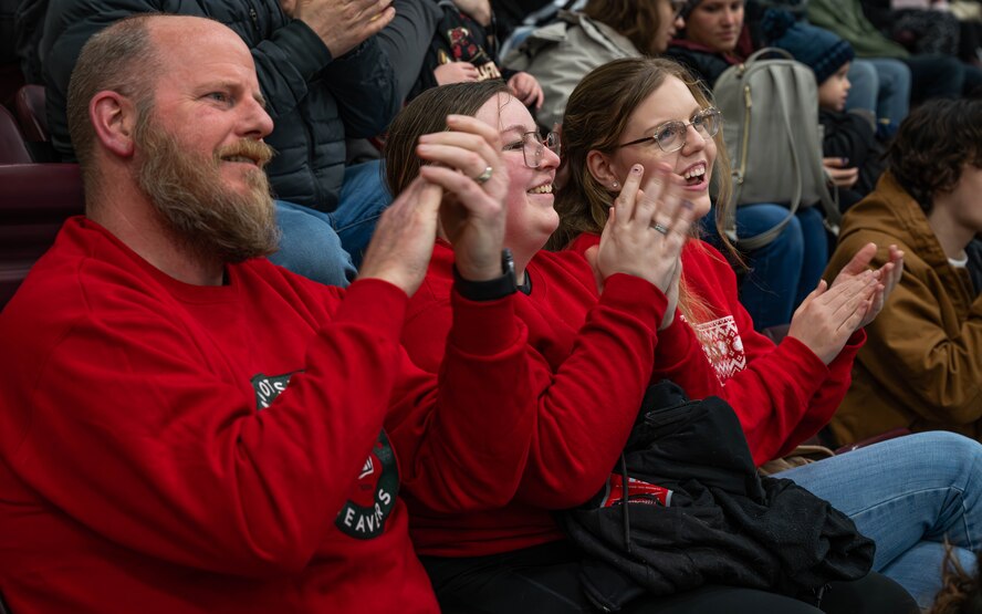 Minot State University Beavers fans cheer during the MSU military appreciation hockey game at Maysa Arena, Minot, North Dakota, Jan. 11, 2025. At the time of this game, the Beavers were the #2 nationally ranked team in Division I of the American Collegiate Hockey Association. (U.S. Air Force photo by Senior Airman Kyle Wilson)