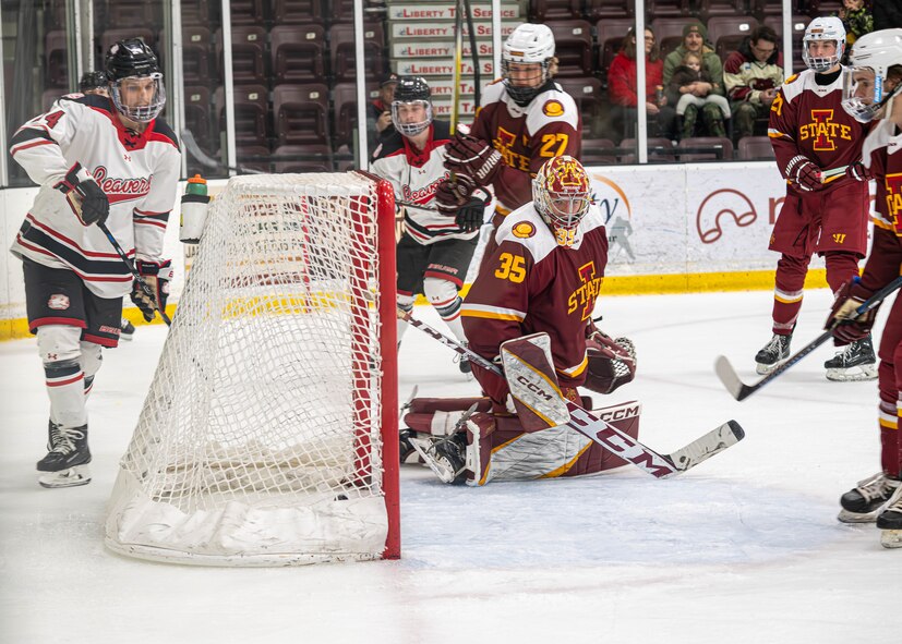 Minot State University Beavers and Iowa State University Cyclones players react to a goal being scored during the MSU military appreciation hockey game at Maysa Arena, Minot, North Dakota, Jan. 11, 2025. The Beavers scored a total of 12 goals during the game. (U.S. Air Force photo by Senior Airman Kyle Wilson)