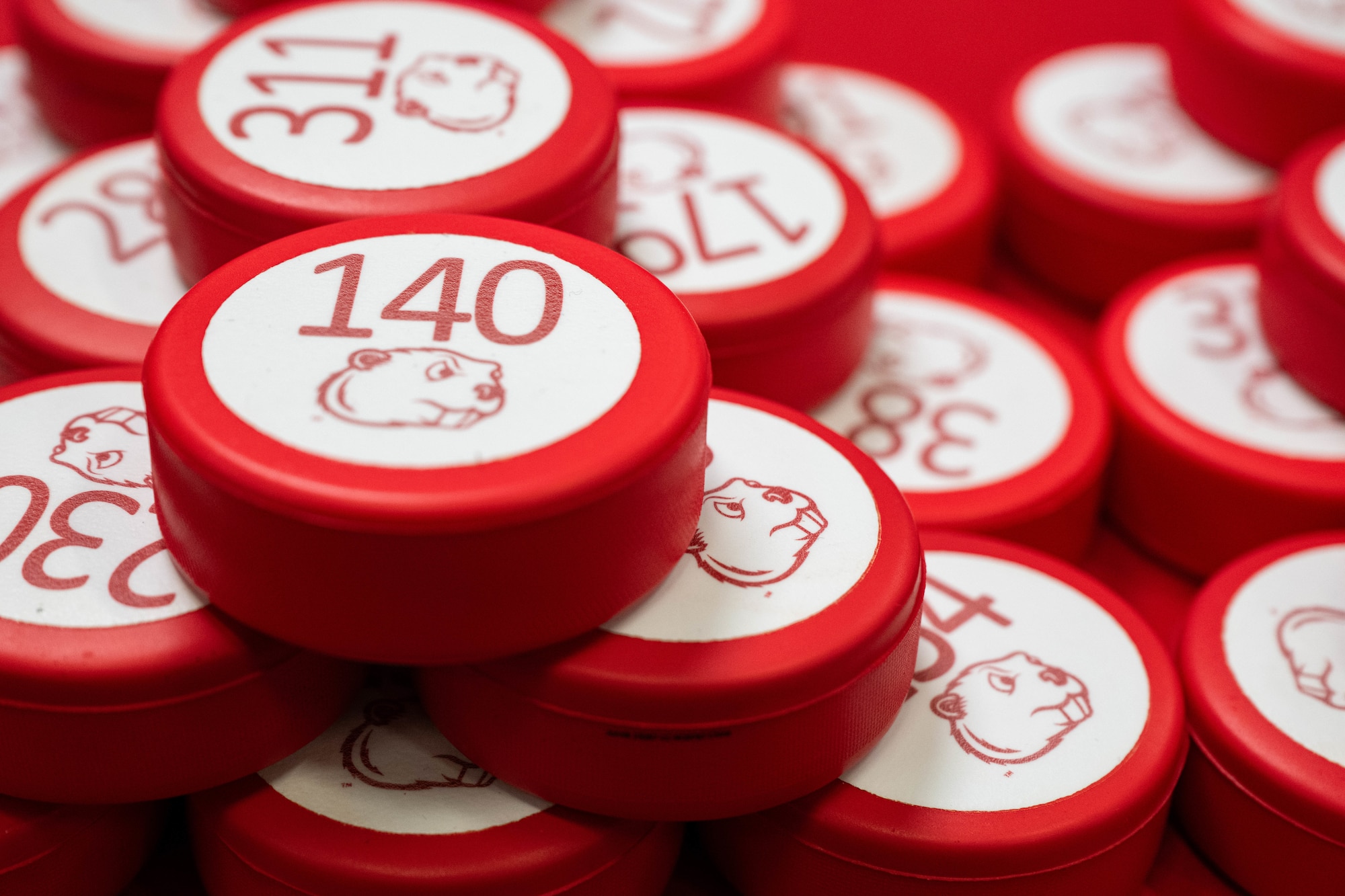 Hockey pucks are displayed during the Minot State University military appreciation hockey game at Maysa Arena, Minot, North Dakota, Jan. 11, 2025. The pucks were used by fans to play a game known as “Chuck-a-Puck” to win prizes during intermissions of the hockey game. (U.S. Air Force photo by Senior Airman Kyle Wilson)