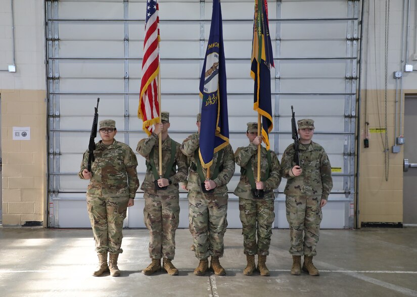 The color guard prepares to present the colors during the Change of Command ceremony held at the Wellman Armory on Boone National Guard Center in Frankfort, Ky. Jan 12, 2025.