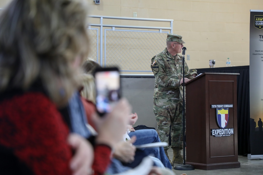 Brig. Gen Joseph Lear, Director of the Joint Staff, speaks to the audience during the Change of Command ceremony held at the Wellman Armory on Boone National Guard Center in Frankfort, Ky. Jan 12, 2025.