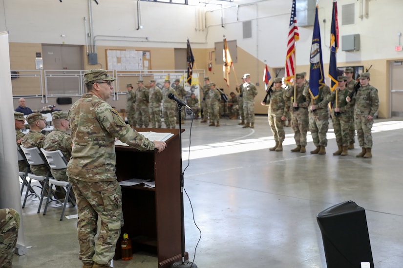 Col. Jason Penn speaks to the audience during the Change of Command ceremony held at the Wellman Armory on Boone National Guard Center in Frankfort, Ky. Jan 12, 2025.