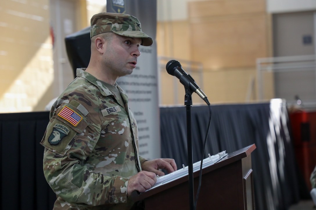 Col. Steven Engels speaks to the audience during a Change of Command ceremony held at the Wellman Armory on Boone National Guard Center in Frankfort, Ky. Jan 12, 2025.