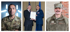 U.S. Air Force Chief Warrant Officer 2 Richard Barragan (left), Chief Warrant Officer 2 Dennis Cracraft, and Warrant Officer Alexander Childs- Scott Air Force Base's newly appointed warrant officers. Portrait style image.