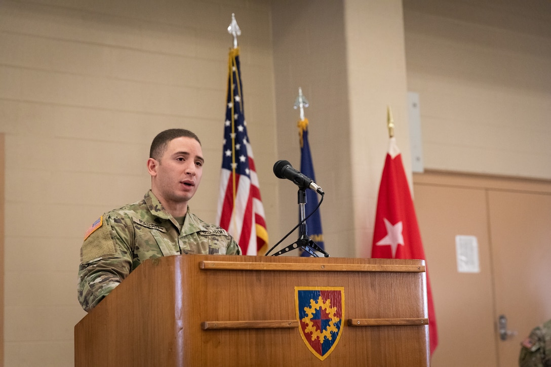 U.S. Army Capt. Angel Pagan, commander of the 617th Military Police Company, speaks to the Soldiers and family at the 617th Military Police Company deployment ceremony at the Armed Forces Reserve Center in Richmond, Kentucky on Jan. 4, 2025.