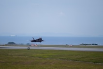 A U.S. Air Force F-22A Raptor assigned to the 525th Expeditionary Fighter Squadron, takes off during a base-wide readiness exercise at Kadena Air Base, Japan, Jan. 15, 2025.