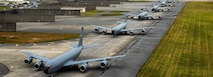 U.S. Air Force KC-135 Stratotankers assigned to the 909th Air Refueling Squadron line up on a flight line during an Elephant Walk at Kadena Air Base, Japan, Jan. 10, 2025.