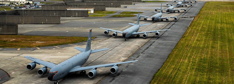 U.S. Air Force KC-135 Stratotankers assigned to the 909th Air Refueling Squadron line up on a flight line during an Elephant Walk at Kadena Air Base, Japan, Jan. 10, 2025.