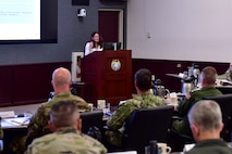 Dr. Elizabeth Economy, Hargrove senior fellow and co-chair of the program on the U.S., China, and the world at the Hoover Institution, speaks to senior joint-force leaders at USINDOPACOM headquarters on Camp H. M. Smith in Hawaii, Jan. 15, 2025.