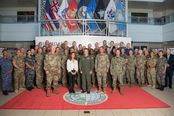 Adm. Samuel J. Paparo, center, first row, commander of U.S. Indo-Pacific Command, joins senior joint-force leaders for a group photo at USINDOPACOM headquarters on Camp H. M. Smith in Hawaii, Jan. 15, 2025.