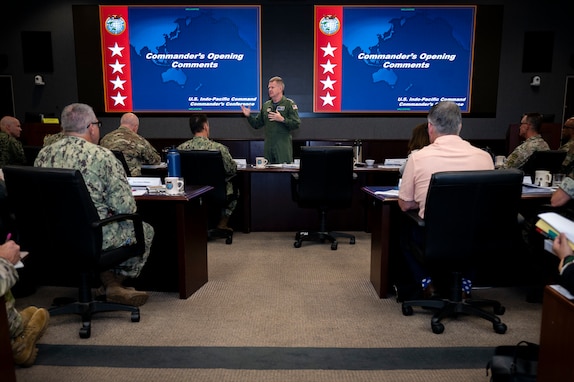 Adm. Samuel J. Paparo, commander of U.S. Indo-Pacific Command, delivers opening remarks to senior joint-force leaders attending the Commanders Conference at the USINDOPACOM Headquarters on Camp H. M. Smith in Hawaii, Jan. 15-16, 2025.