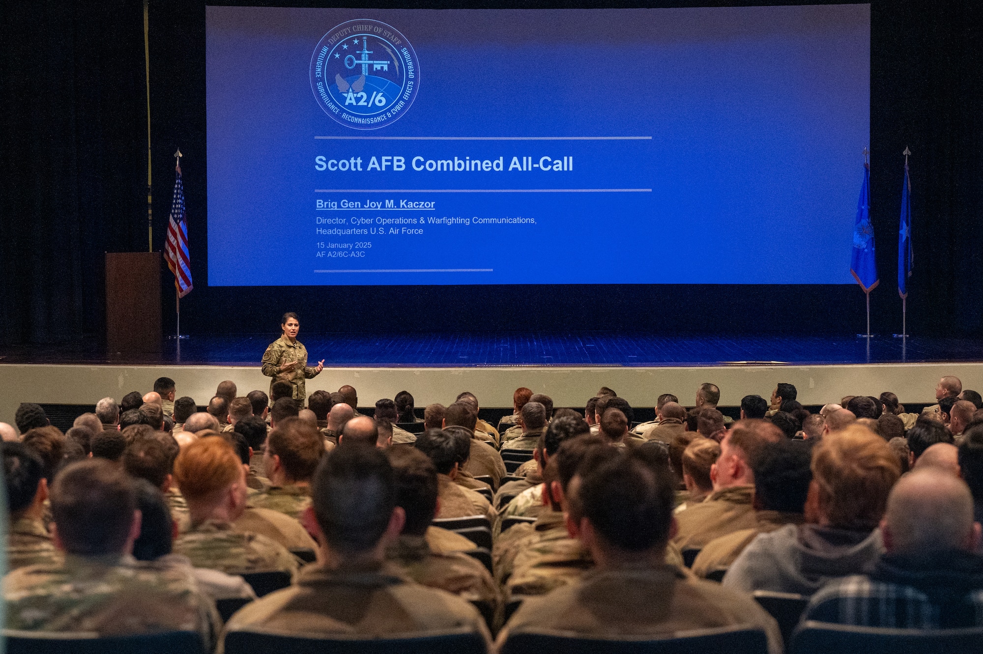U.S. Air Force Brig. Gen. Joy Kaczor, Cyber Operations and Warfighter Communications director speaks to Airmen in cyber-focused fields at an all-call on Scott Air Force Base, Jan. 16, 2024.