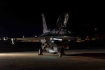 A U.S. Air Force F-16C Fighting Falcon assigned to the 77th Expeditionary Fighter Squadron sits on the flightline prior to a flight in support of an 18th Wing routine readiness exercise at Marine Corps Air Station Futenma, Japan, Jan. 15, 2025. During the exercise, the 77th EFS staged out of Futenma to simulate generating combat airpower from an austere location. Airmen practiced syncing with joint force teams to project air power from multiple locations. (U.S. Marine Corps photo by Lance Cpl. Sav Ford)