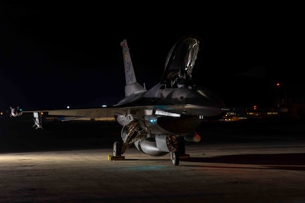 An aircraft sits on the flightline.