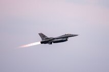 An aircraft takes off.
