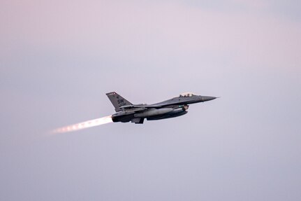 An aircraft takes off.