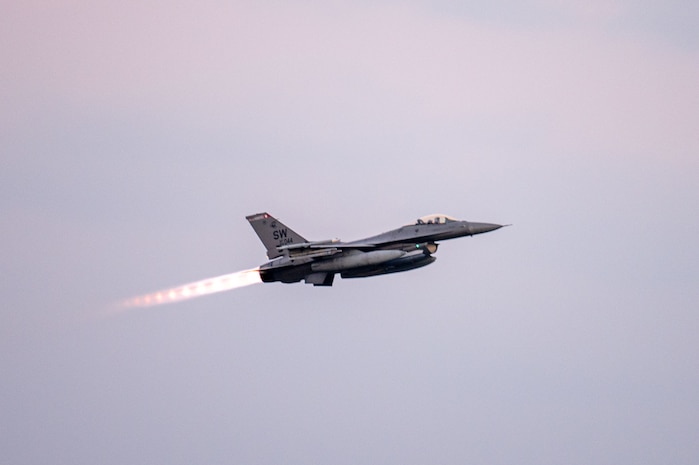 An aircraft takes off.