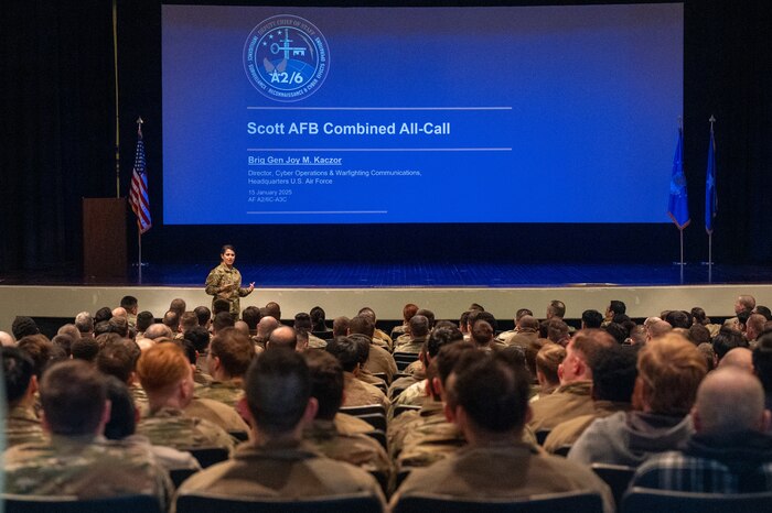 U.S. Air Force Brig. Gen. Joy Kaczor, Cyber Operations and Warfighter Communications director speaks to Airmen in cyber-focused fields at an all-call on Scott Air Force Base, Jan. 16, 2024.