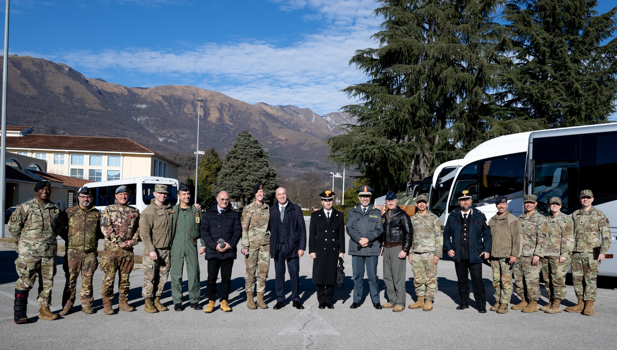Local Italian leaders pose with U.S. Air Force and Italian Air Force leaders during a visit from Michele Lastella, the Prefect of Pordenone, Italy, at Aviano Air Base, Italy, Jan. 14, 2025.