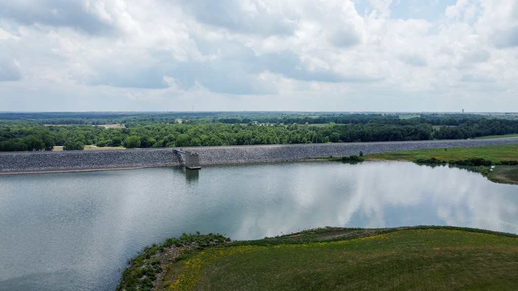 A body of water with green trees and a cloudy sky in the background and green grass in the foreground.