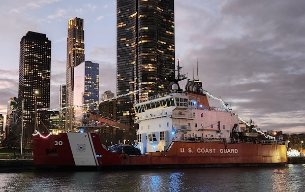 USCGC Mackinaw WLBB-30 docked at Navy Pier in Chicago, IL with Christmas Trees on the deck. The trees will be offloaded tomorrow by crew members and volunteers and sent to various community organizations where they will be given to needy families.( U.S. Coast Guard Photo by AUXPA1 Matthew Thompson)